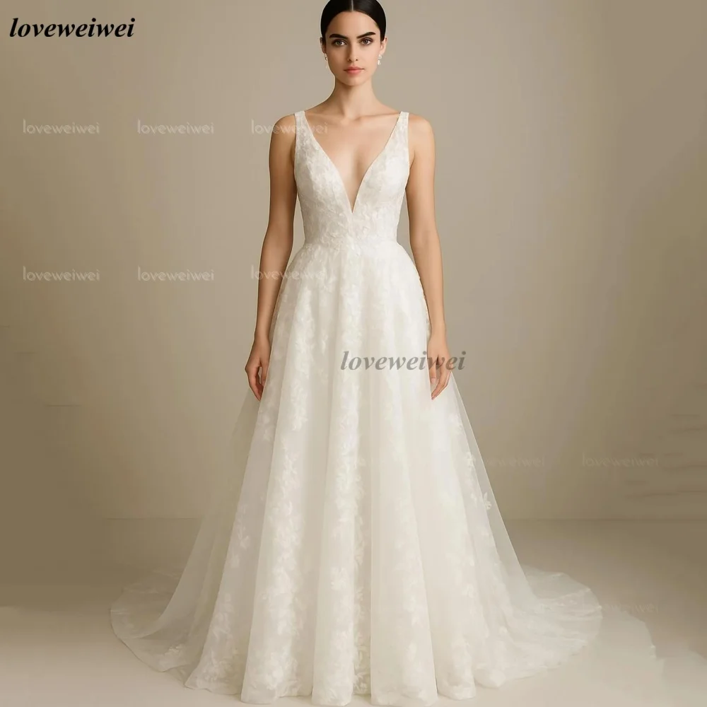 Customized V Neck Tank Wedding Dress A Line Lace Bride Dresses Elegant Floor Length Bridal Gowns Button Vestidos De Novia
