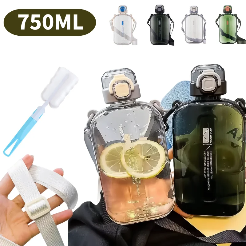 

Square Transparent Sports Water Bottle Portable Travel Canteen with Adjustable Strap Leak proof Bottle for Sport Camping