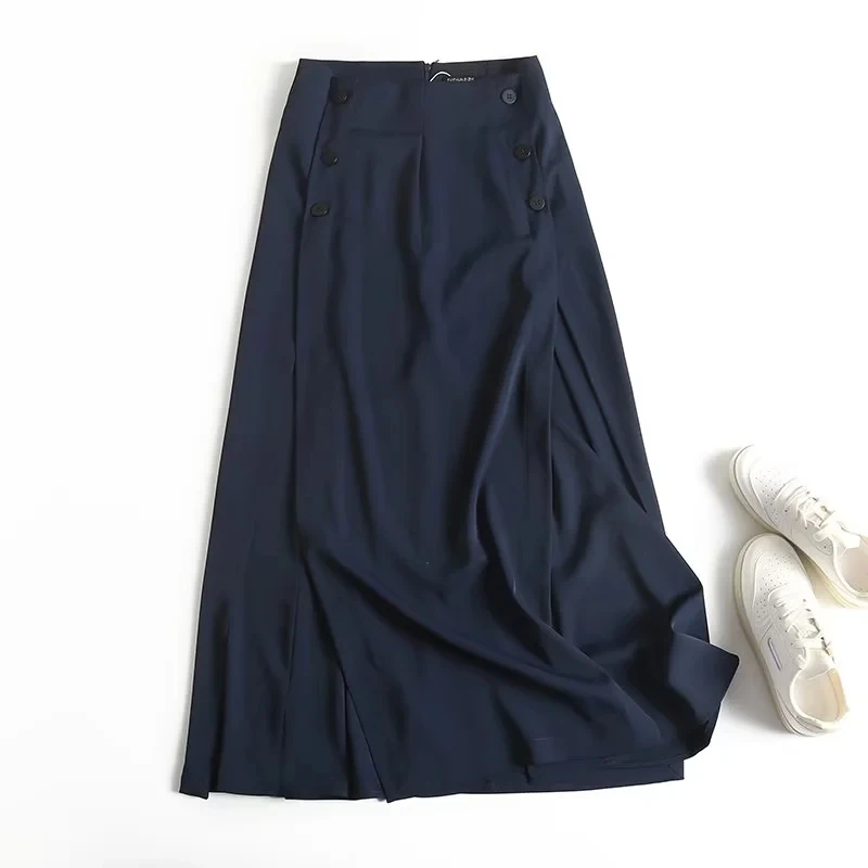 Maxdutti Fashion Navy Pleated Elegant Long Skirts Women England Style Office Lady Simple Midi Skirt