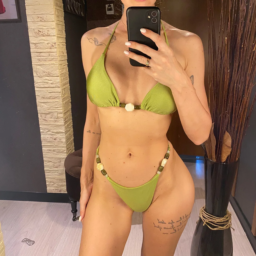Sexy glänzender Neckholder-Bikini mit hohem Beinausschnitt, Damen-Badebekleidung, zweiteiliger Bikini-Set, gepolsterter Badeanzug, Badeanzug, Schwimmanzug V6601 – Detail 2