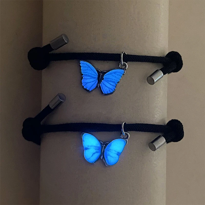 2Pcs/set Luminous Butterfly Couples Pendant Bracelet Heart Magnetic Attraction Black Rope Charm Lover Friendship Party Jewelry