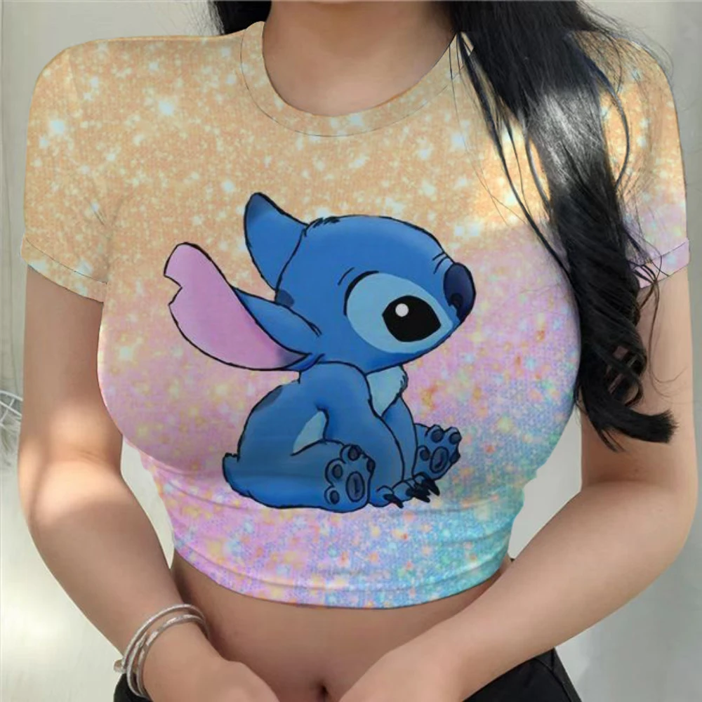 Nowe letnie krótkie bluzki kobieta seksowna obcisła koszulka z nadrukiem Disney Stitch damska odzież Kpop Harajuku