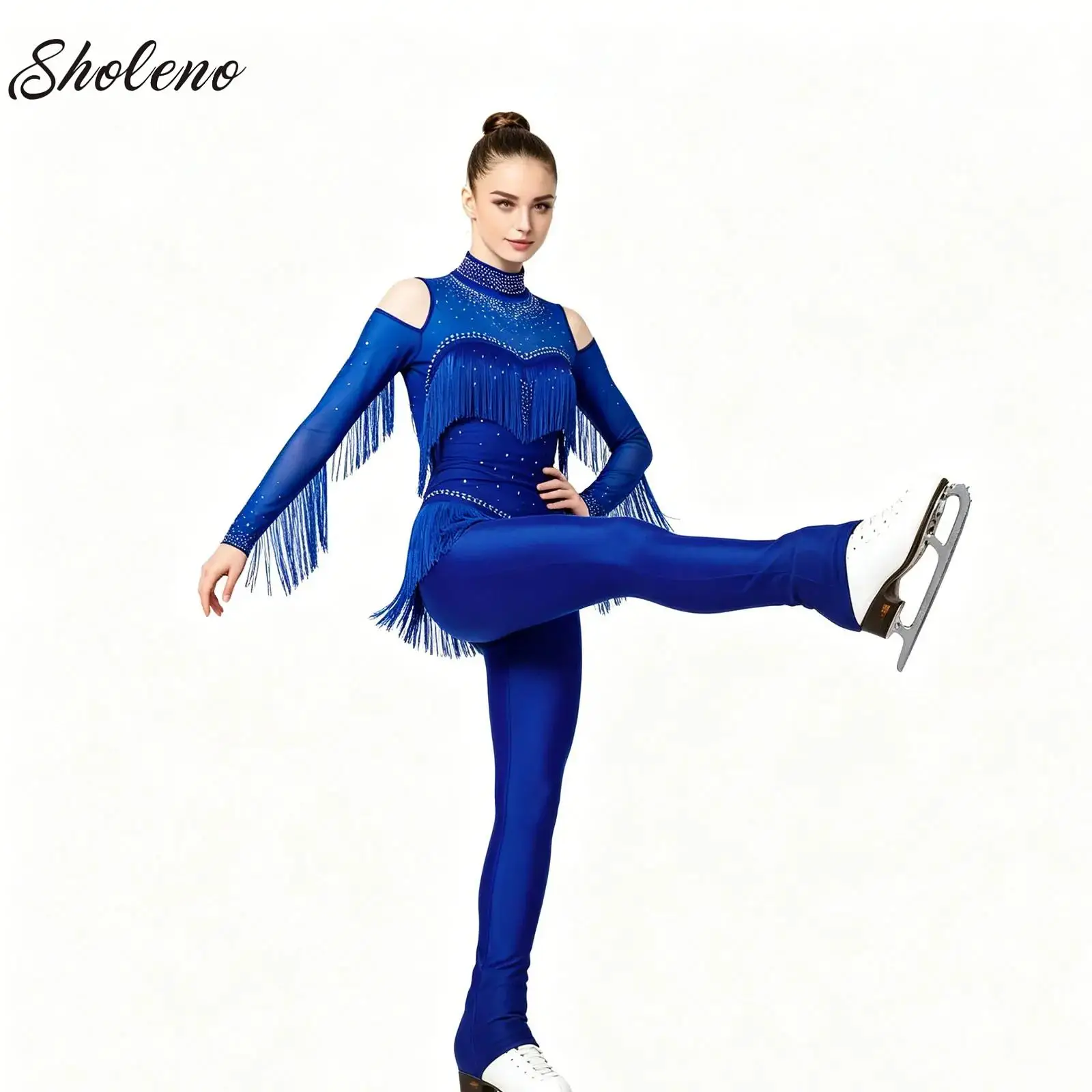 

Women Ruched Mesh Ruffles Figure Skating Jersey Dance Bell-Bottom Leotard Dress Gymnastics Shiny Rhinestone Jumpsuit Dancewear