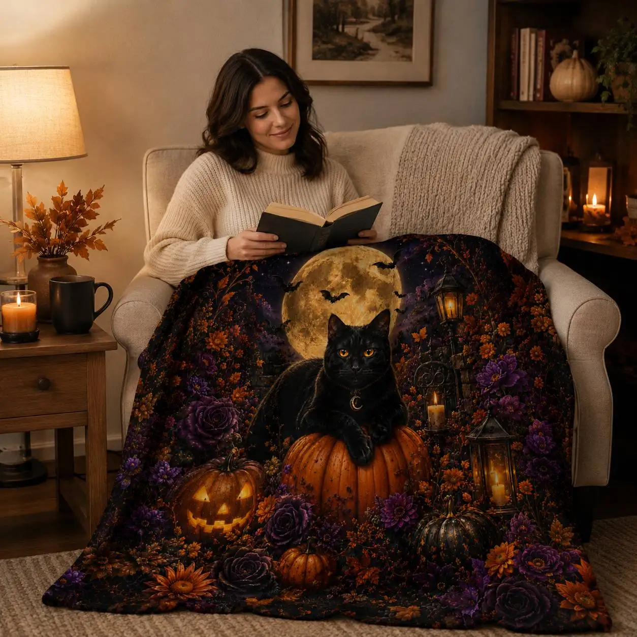 Newest Halloween Witch Kitten Pumpkin Ghost Purple Background Flannel Throw Blanket, Spooky Cat Blanket for Holiday Sofa Decor