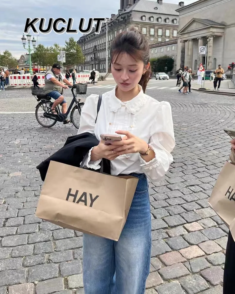 

French Style Solid Color Women's Tops Lace Embroidery Lace Collar Double Long Sleeve Shirt Spring Autumn Elegant Blouses Femme