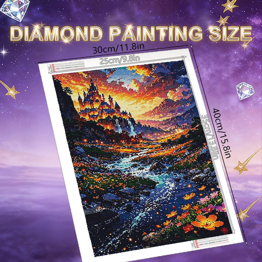HUACAN Diamond Mosaic 5d Castle Landscape Full Kits Home Decor Painting Sunset Lake Flower Full Drill Rhinestones Pictures
