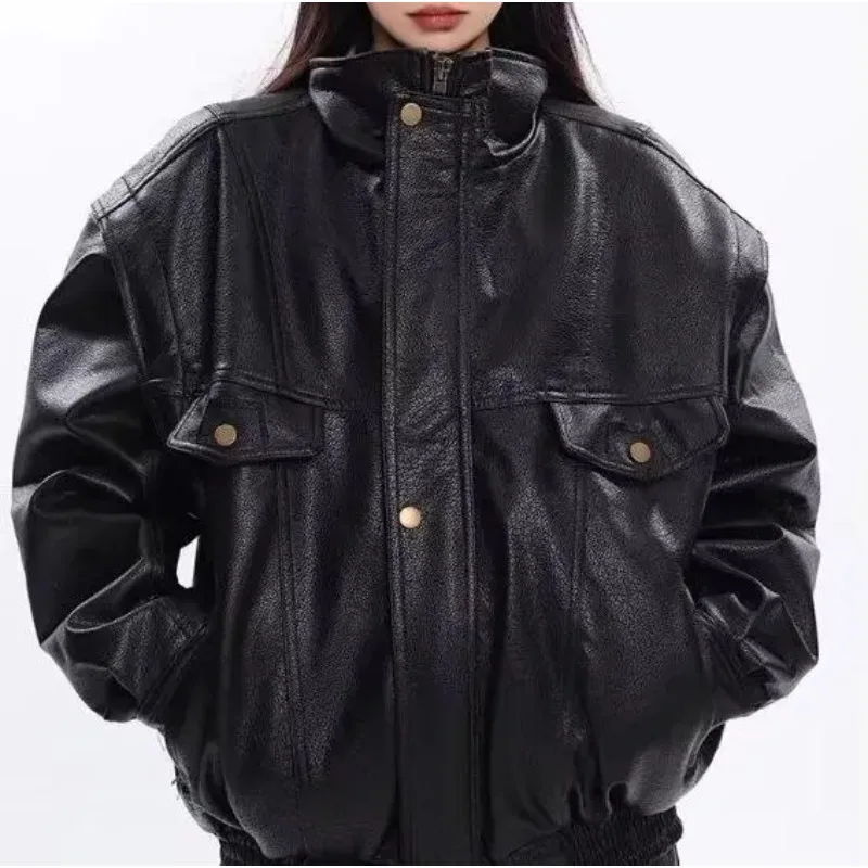 Veste en cuir PU rétro et haut de gamme pour les tenues de moto de pilotes de rue en automne et en hiver