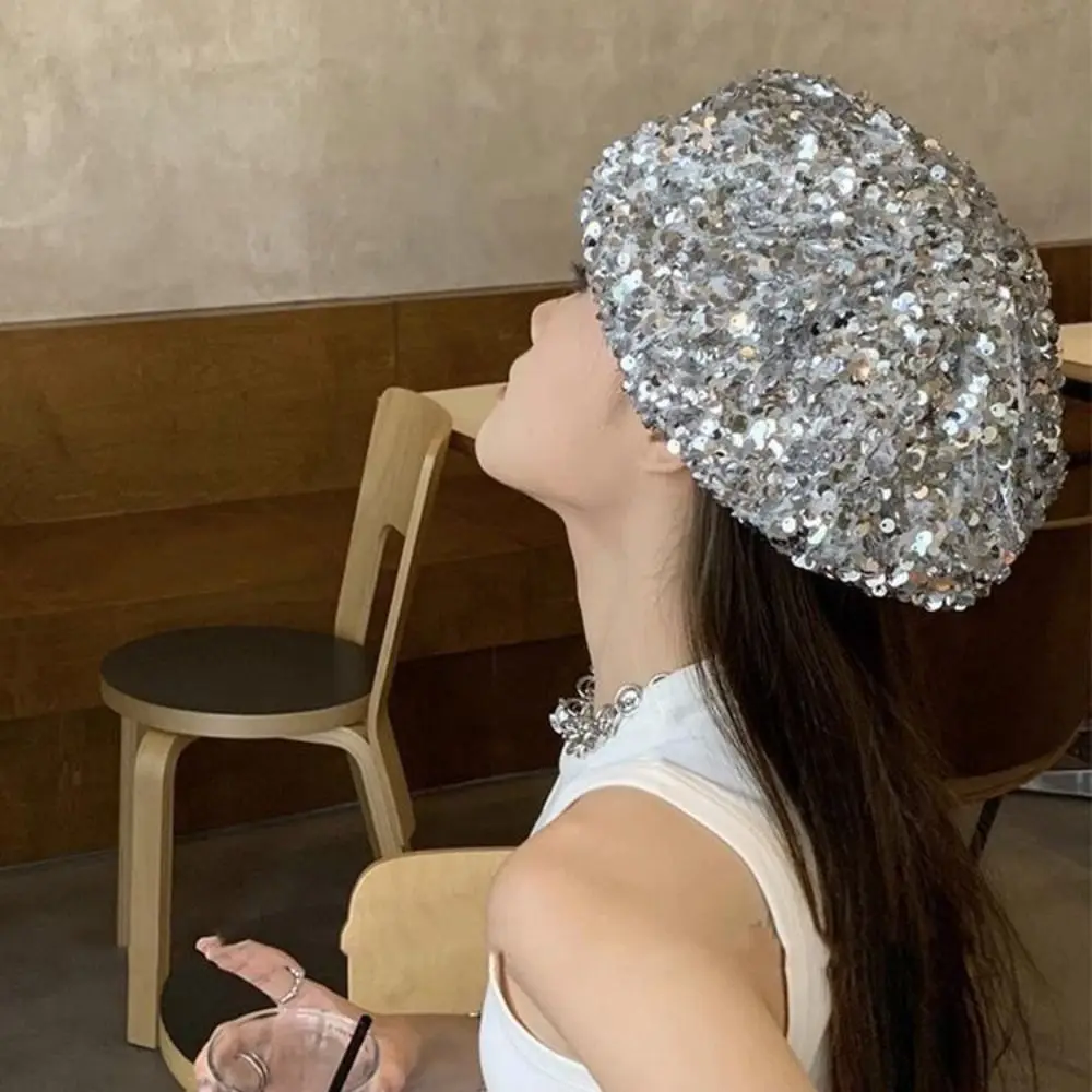 INS Niche Design Thin Glitter Sequin Beret Octagonal Shape Retro Style Fashion Beret Big-headed Cloud Painter Hat Dance Stage