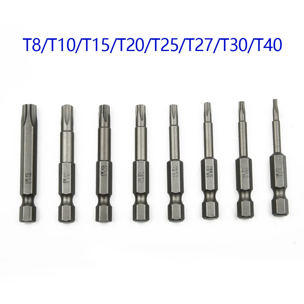 8pcs 50mm 5 Point To/rx Drive Bit Set 1/4" Hex Shank Electric Screwdriver Bit Kit T8-T40 Power Tools With Center Hole