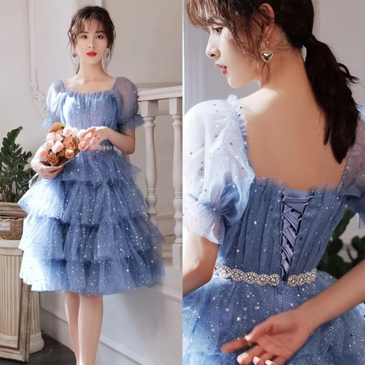 JEHETH Occation Party Prom Dress Blue Bling Tulle Square Collar Short Sleeves A-line Tiered Knee-length Plus size Evening Gown