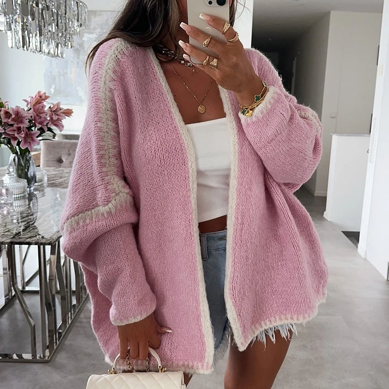 2024 Winter Elegant Color Blocking Outerwear Autumn Fashion V Neck Sweater Cardigan Women Casual Long Sleeve Loose Knitted Coats