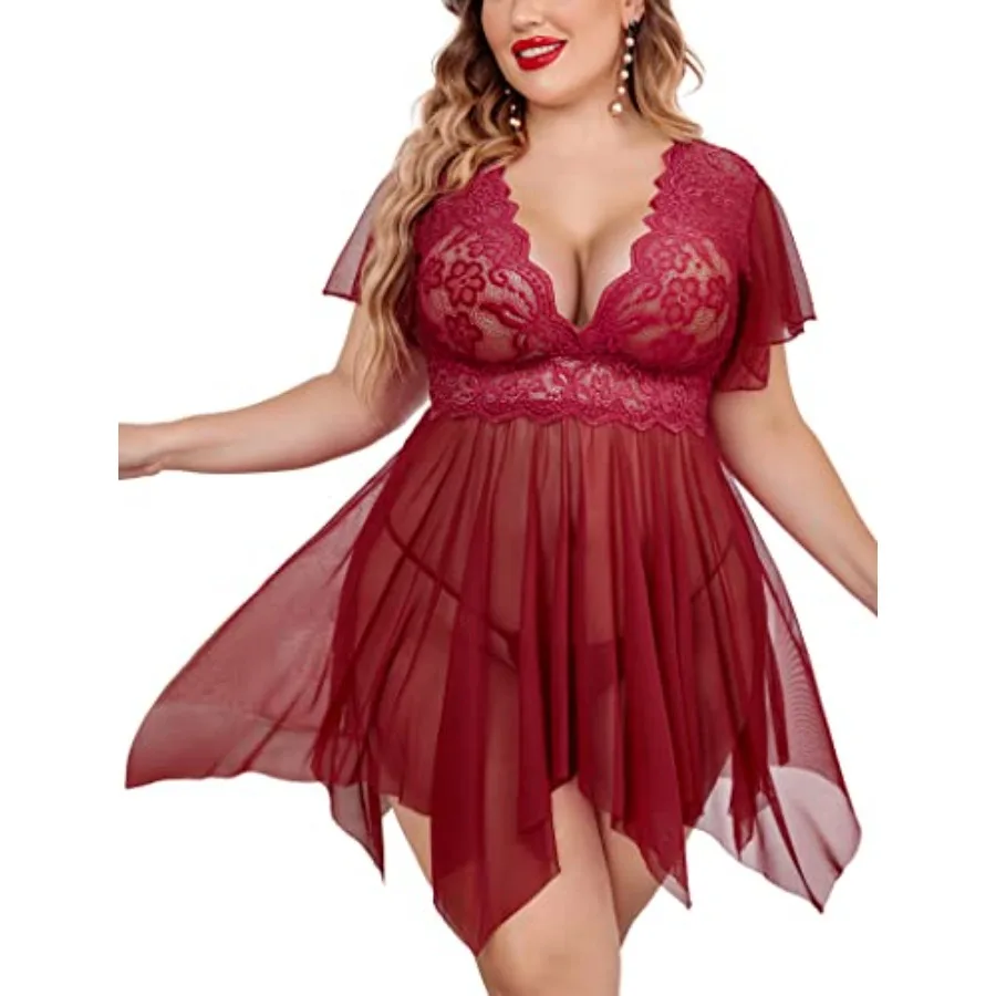 

Avidlove Women's Plus Size Babydoll Floral Lace Lingerie Deep V Nighty Mesh Sleepwear