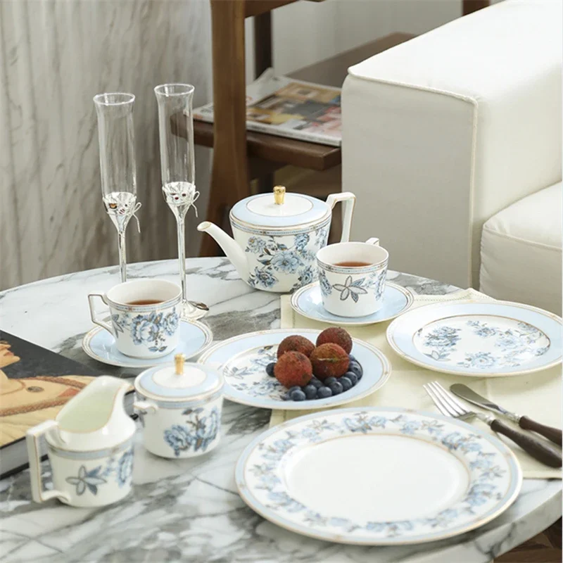 English Bone China Coffee Cup Saucer Set Pot Milk Jug Sugar Jar European Home Drinkware Ceramic Blue Peony Overglaze Plate