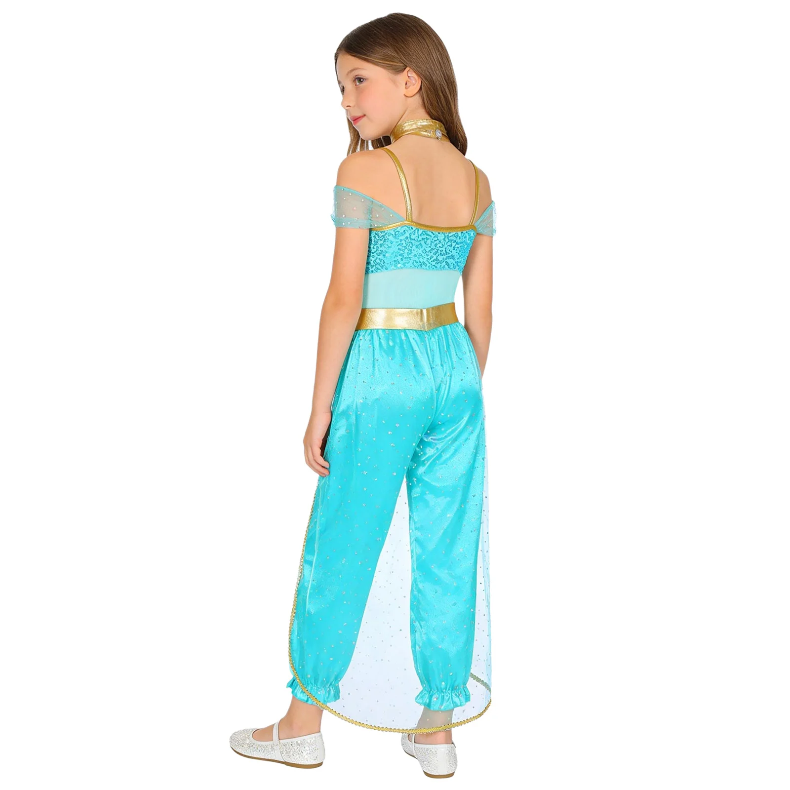 

Kids Girls Oriental Indian Belly Dance Jumpsuit Halloween Party Arabian Princess Cosplay Costume Sleeveless Shiny Sequin Rompers