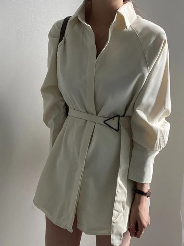

Ele Summer New Sle Women's irt oulder Sve Insert Loose Belted Simple Design Long Sve Collar Casual irt