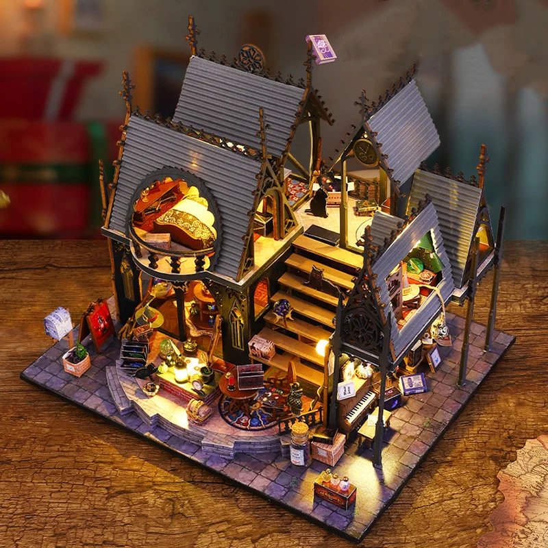 Diy kits de construção em miniatura de madeira luna casa mágica casas de boneca com luzes de móveis casas de bonecas para amigos presentes de aniversário