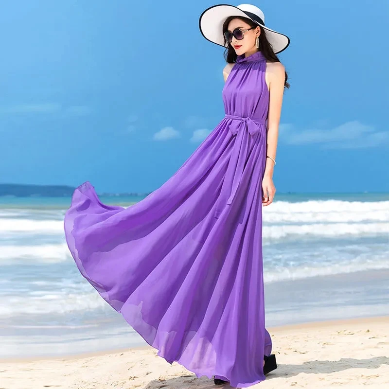 

X-long Slim Temperament Sleeveless Chiffon Dress Women's 2024 New Summer Bohemian Solid color Holiday Beach Dresses Female