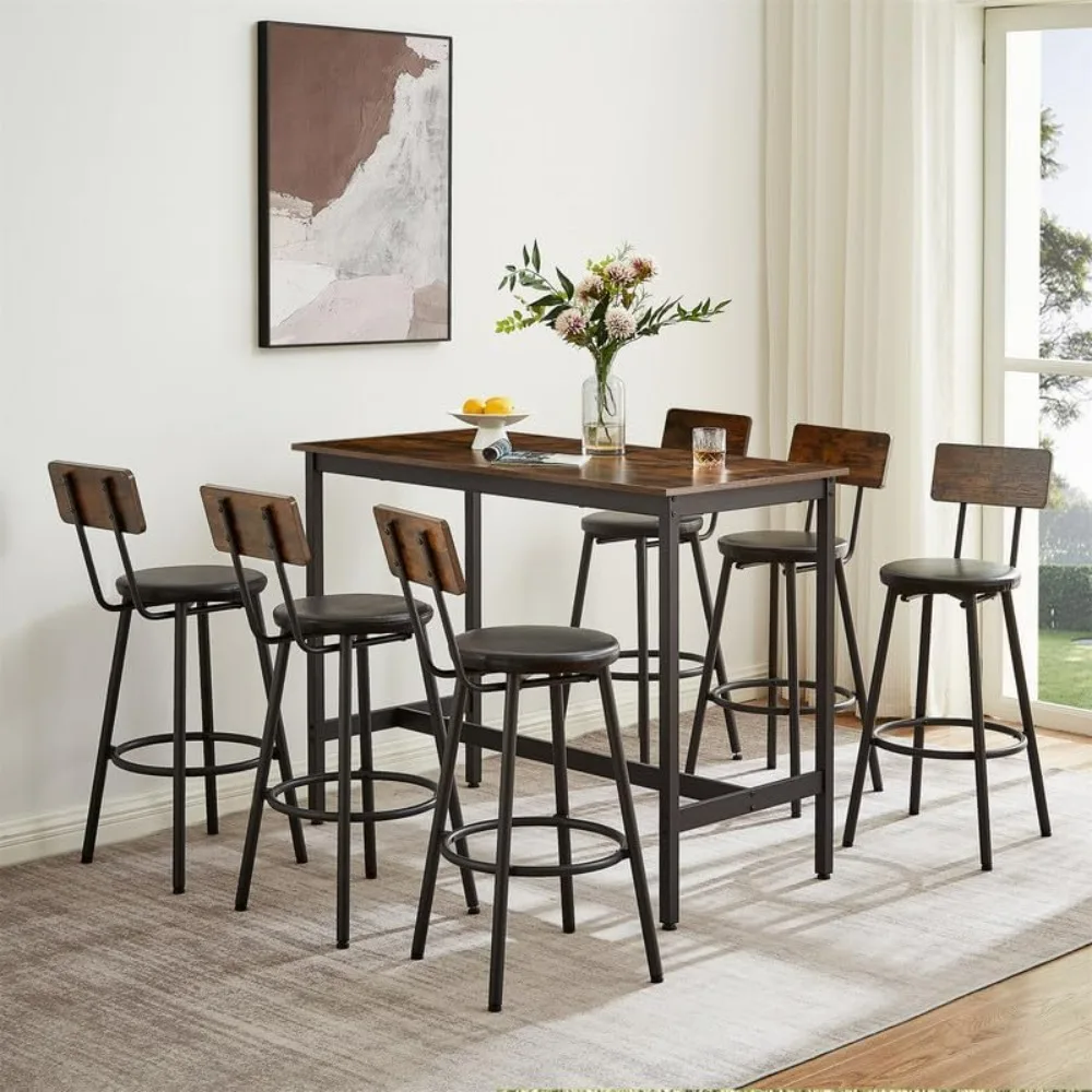 7 Piece Dining Table Set,Kitchen Table And Chairs For 6 With Upholstered Stools, Built-in Adjustable Feet, Bar Table