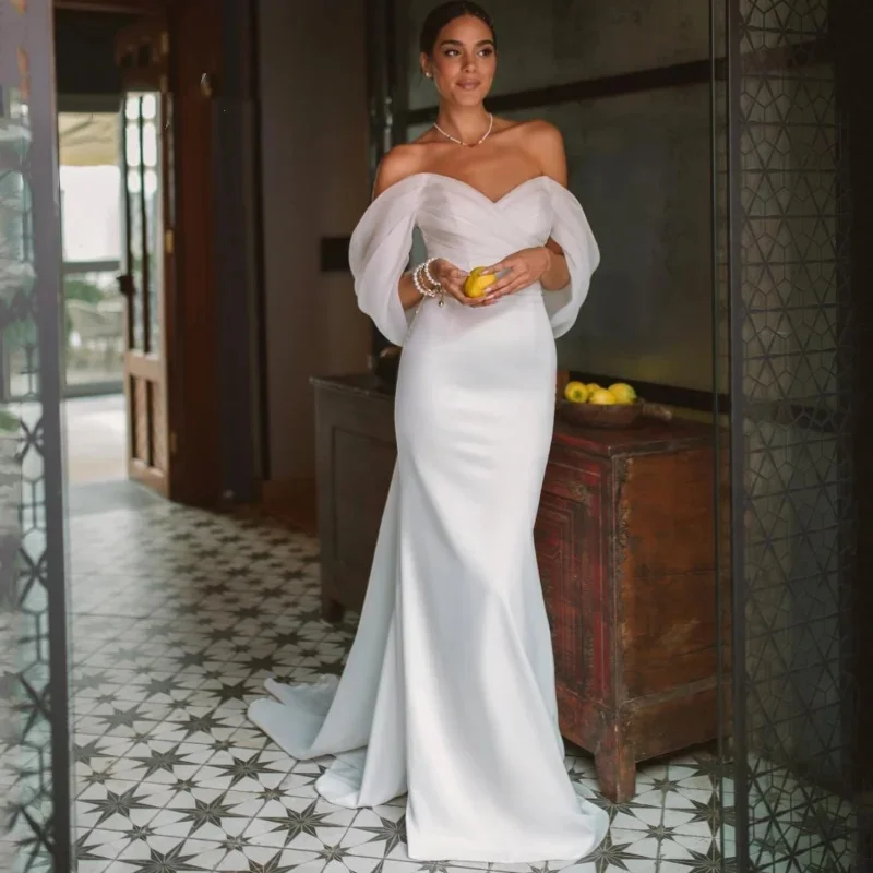 

Simple Elegant White Off The Shoulder Satin Mermaid Wedding Dress Open Back Bridal Gown Train Vestidos De Novia Customized