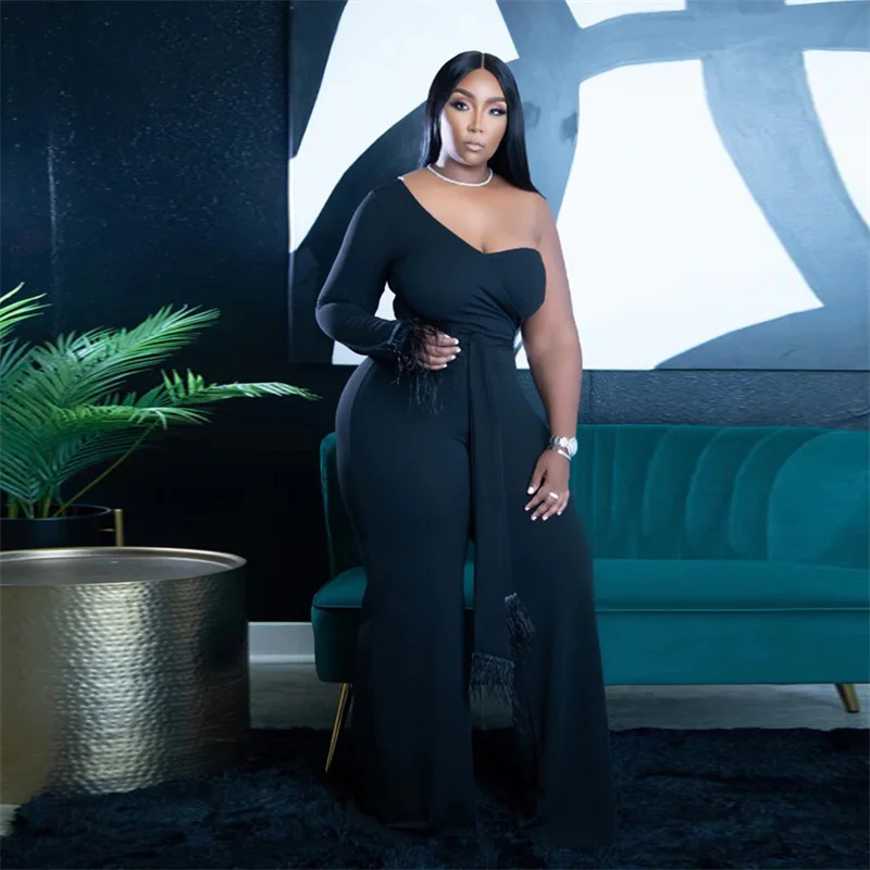 Sexy One Shoulder Elegant Party Jumpsuit Women Autumn Winter Outfits One Pieces Overalls 2022 Wide Leg Romper Birthday Clubwear