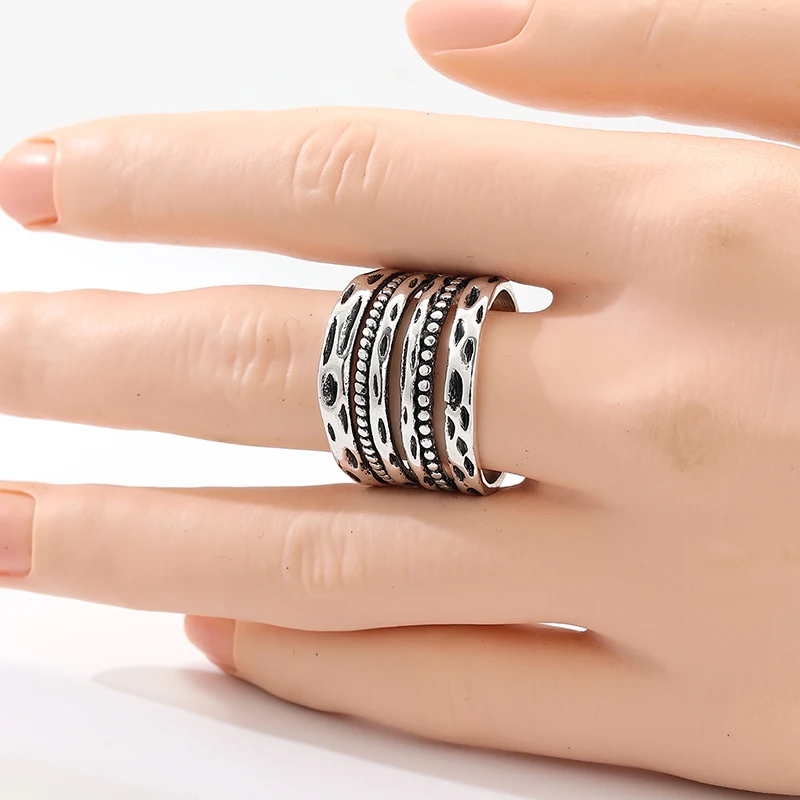 Vintage Hand Carved Women's Ring Silver Color Metal Geometry Daily Wear Party Jewelry Anniversary Gift