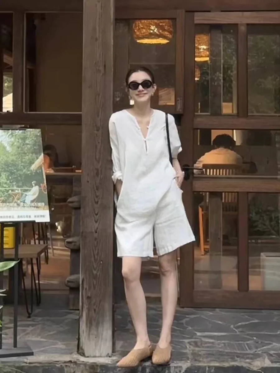 

Summer Thin Cotton Linen Set Women's Loose Casual Versatile Sun Protection irt Cotton Linen orts Two Piece Set