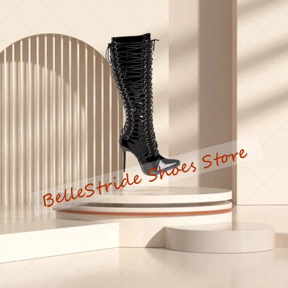 Black Side Zipper Lace up Pointed Toe Boots Patent leather Women Shoes Thin High Heels Party Banquet Dating 2025 Zapatos Para M