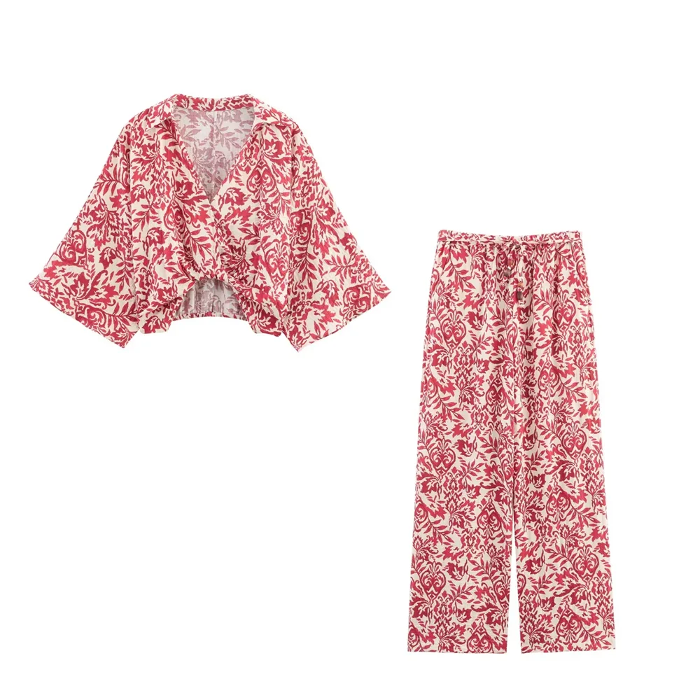 

BSK&TRAF2025holiday style V-neck printed loose short shirt + printed wide-leg pants suit summer new women's clothing