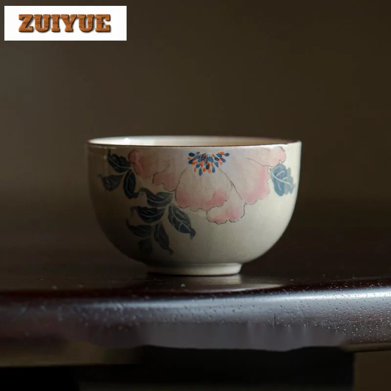 55ml Hand-painted Peony Flower Ceramic Teacup Large Master Cup Handmade Coarse Pottery Tea Bowl Japanese Powder Yin Chazhan Gift