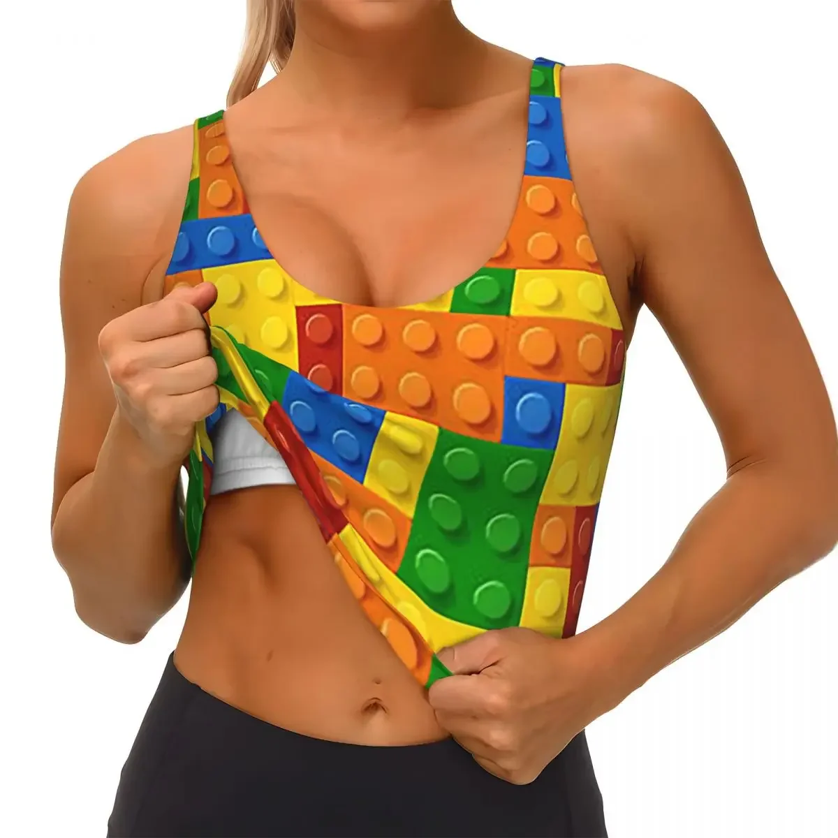 Custom Building Blocks Construction Brick Women Sports Vest Bra Gym Workout High Impact Yoga Crop Tank Top
