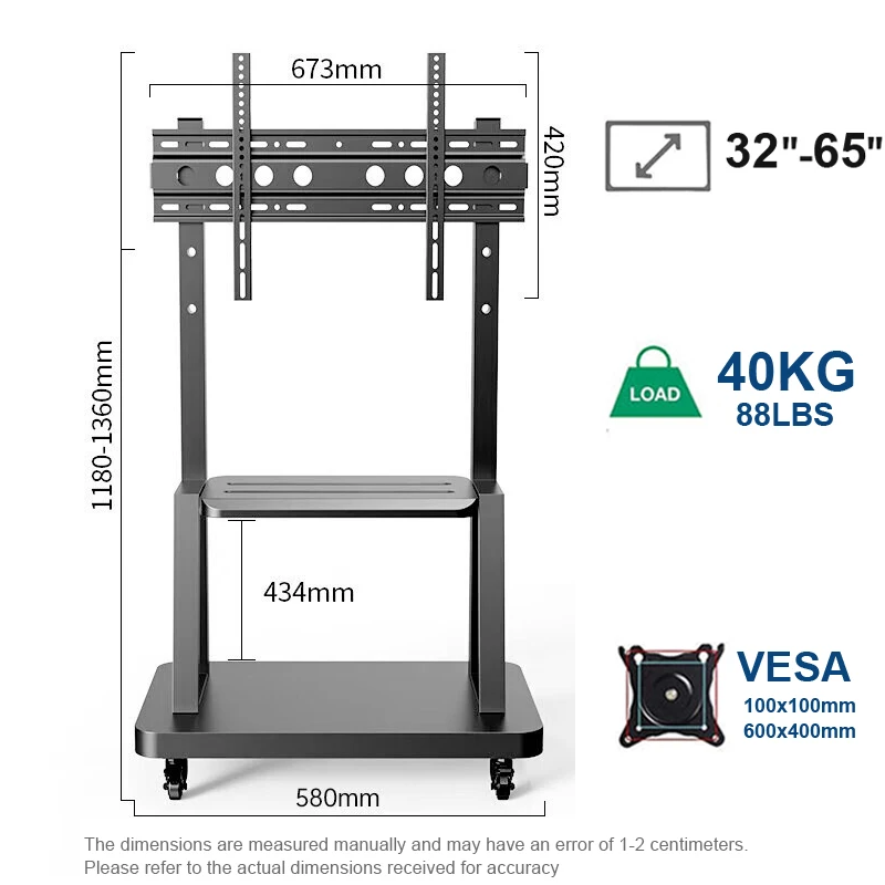 

Height Adjustable Mobile TV Cart Rolling TV Stand for 32-65 in screen Convenient TV Stand with Double Storage Shelves 600x400mm