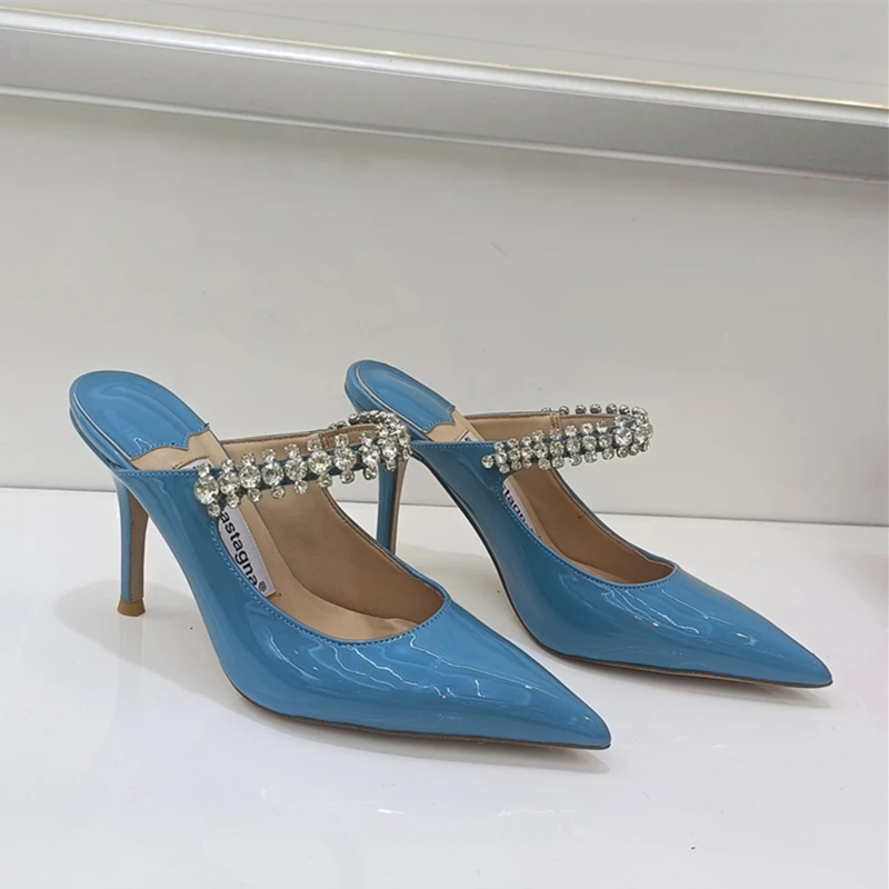

2025 European and American women's new high heels pointed shoes rhinestone chain fashion slippers