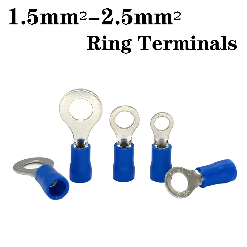 100-500PCS Pure Copper Ring Crimp Terminals Insulated Wire Connectors RV2-3/4/5/6/8/10/12 Ring Terminals