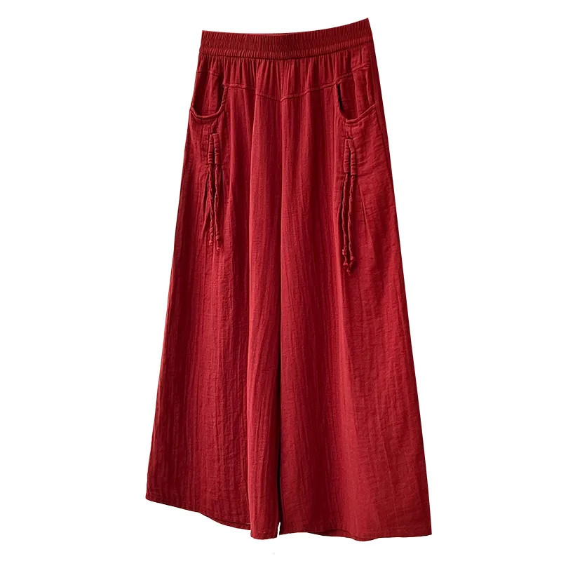 

2026 Summer Plus Size Cotton Yarn Wide Leg Ankle Pants Elastic Waist Simple Versatile Casual Trousers For Curvy Ladies 501