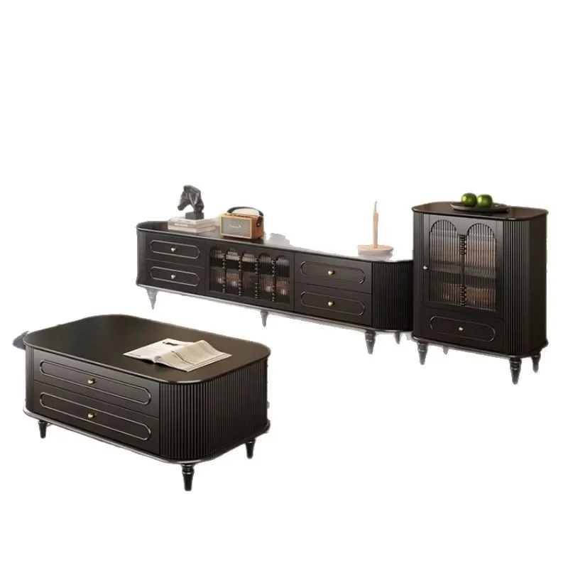 

French retro, solid wood TV cabinet, coffee table combination, simple and modern, floor-to-ceiling TV cabinet