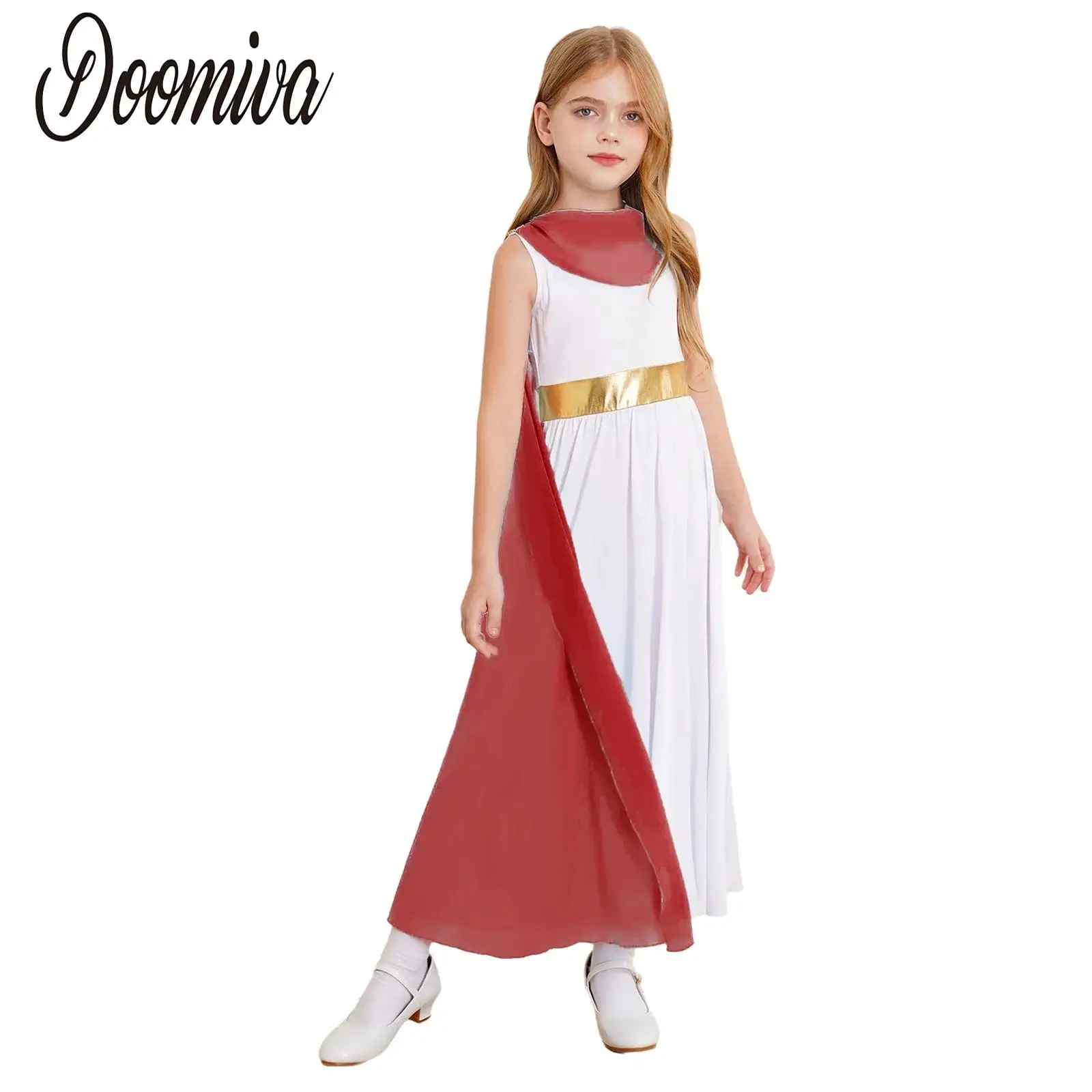 

Kids Girls Ancient Greek Princess Costume for Greek Toga Halloween Party Sleeveless Mesh Patchwork Long Dress with Split Cape