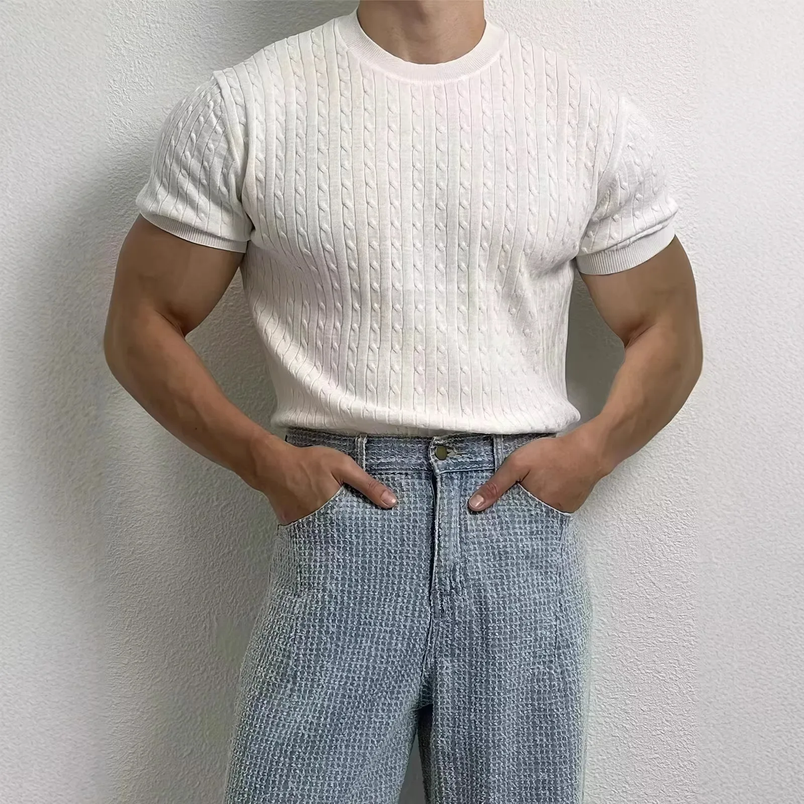 

Pullover Fried Dough Twists Short Sleeve Knitwear Men's Summer New Round Neck Fashion Temperament Top Casual T-shirt