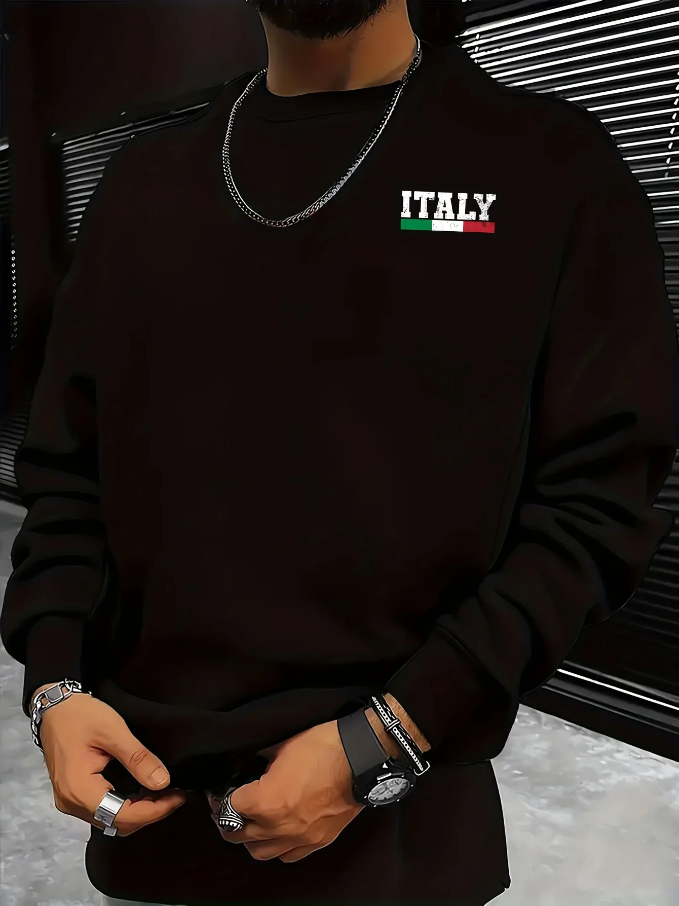 سويت شيرت رجالي بلوفر، سويت شيرت بأكمام طويلة ورقبة دائرية مطبوع عليه حروف إيطالية، كاجوال مريح للاستخدام في الهواء الطلق