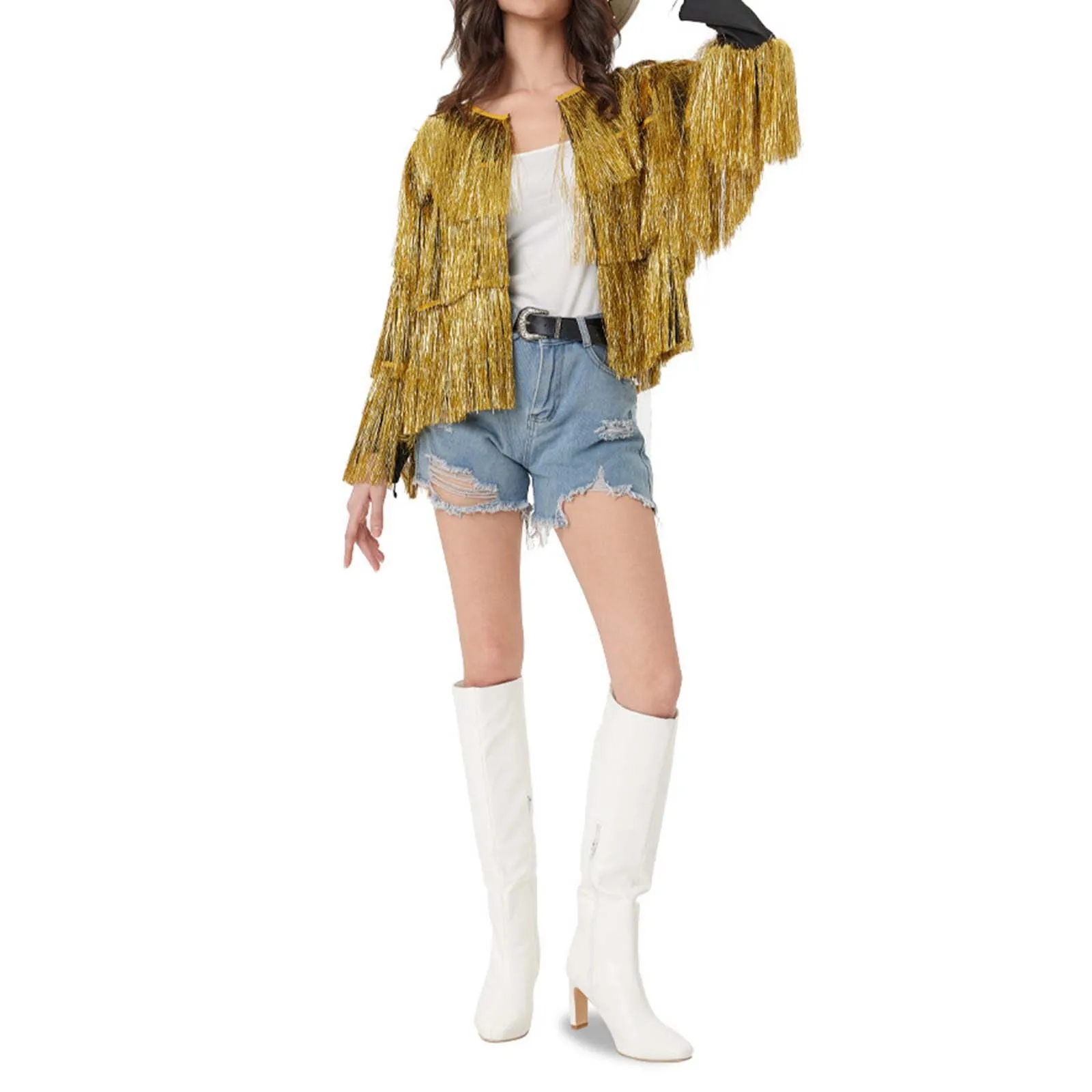 Veste de Combinaison Ouverte à Paillettes pour Femme, Manches sulf, Col Rond, Cardigan de Scène, Spectacle, Bar, Mode de Rue, Automne