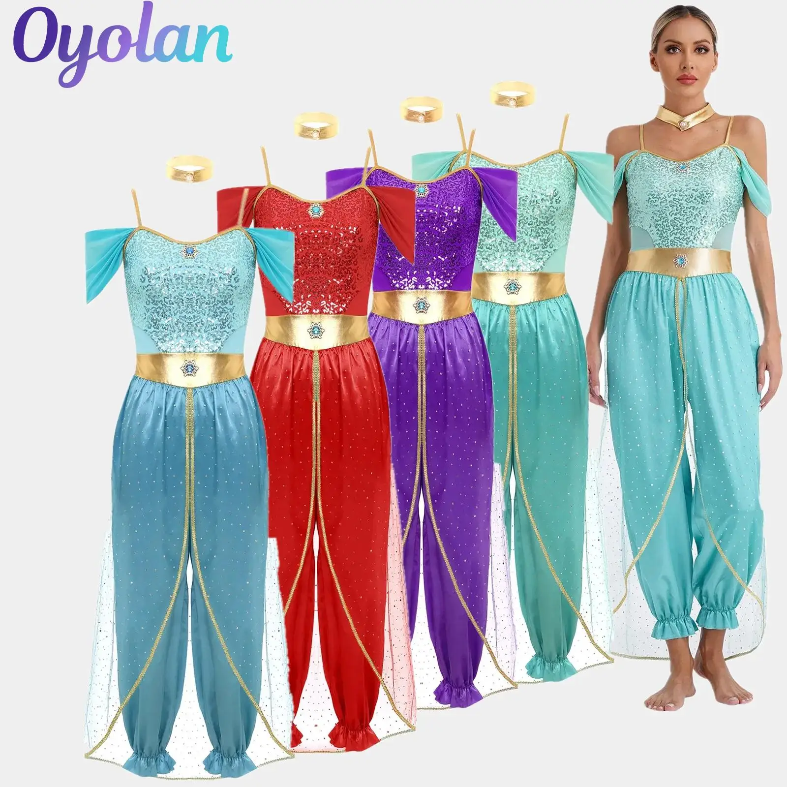 

Womens Egypt Indian Fairy Tale Arab Belly Dance Clothing Oriental Arabian Princess Cosplay Party Costume Jasmines Outfit Romper