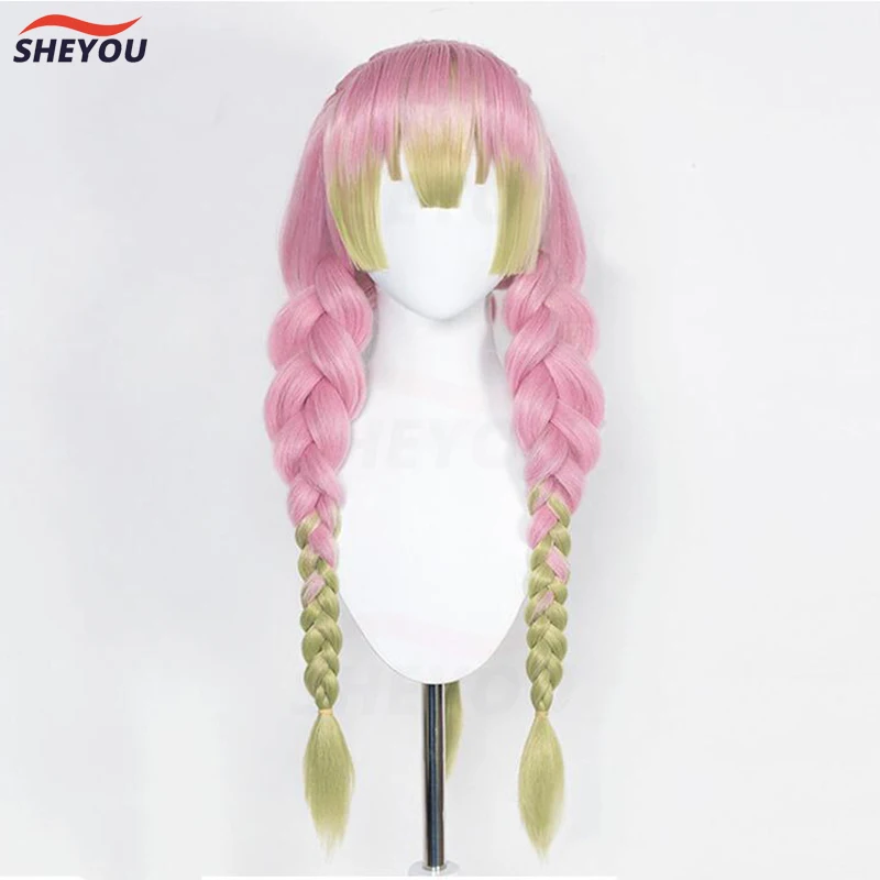 Anime Mitsuri Kanroji parrucca Cosplay lunga rosa verde treccia resistente al calore capelli autentiche parrucche Cosplay + cappuccio parrucca