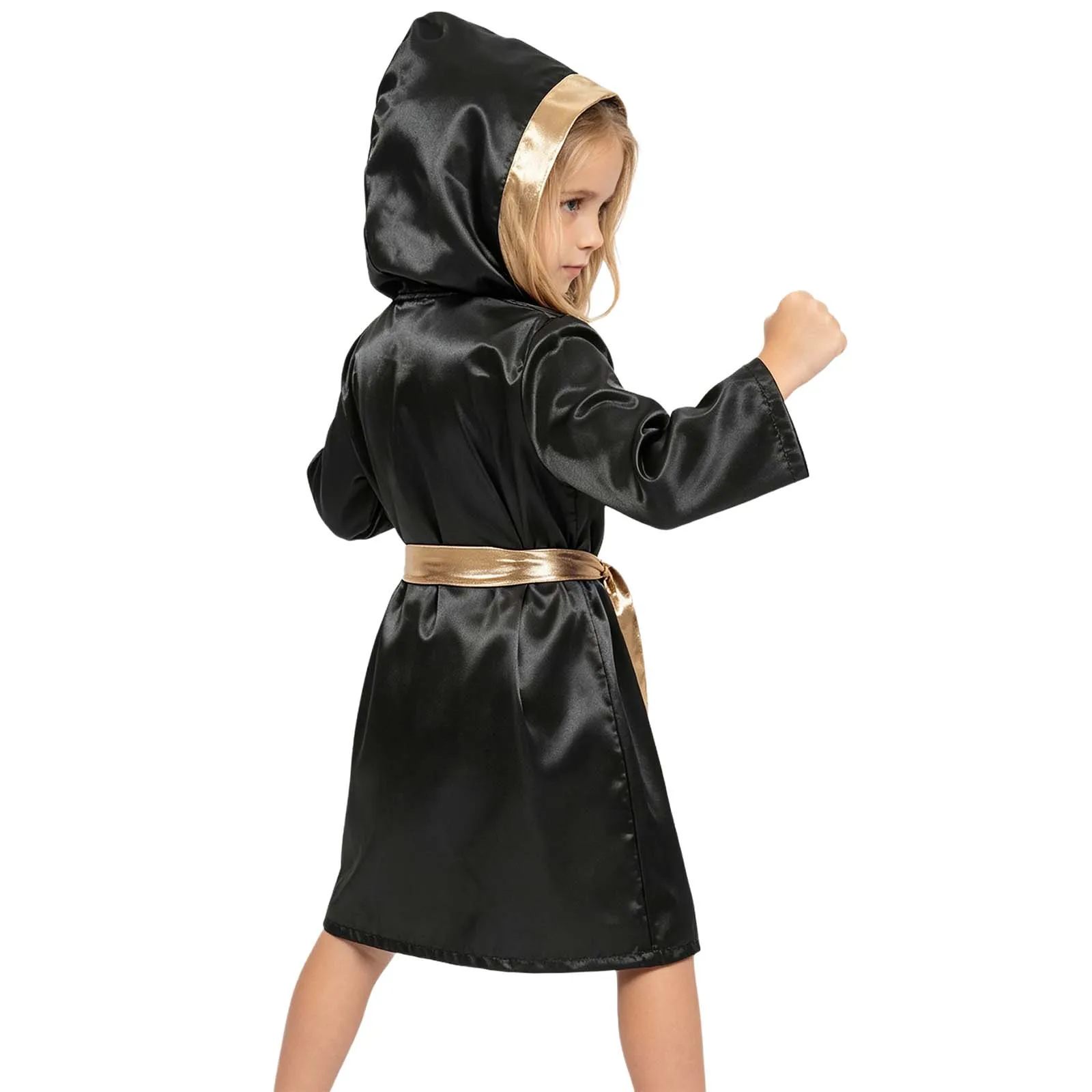 Kinder Jungen Mädchen Metallic-Verzierung Kampf-Boxoutfit mit Kapuze, Boxermantel und Gürtel, Blumenmuster-Weste mit elastischem Bund und Shorts – Detail 14