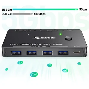 Interruptor KVM USB 3,0, conmutador 4K compatible con HDMI, 2 en 1, para 2 PC, compartir teclado y ratón, impresora EDID / HDCP