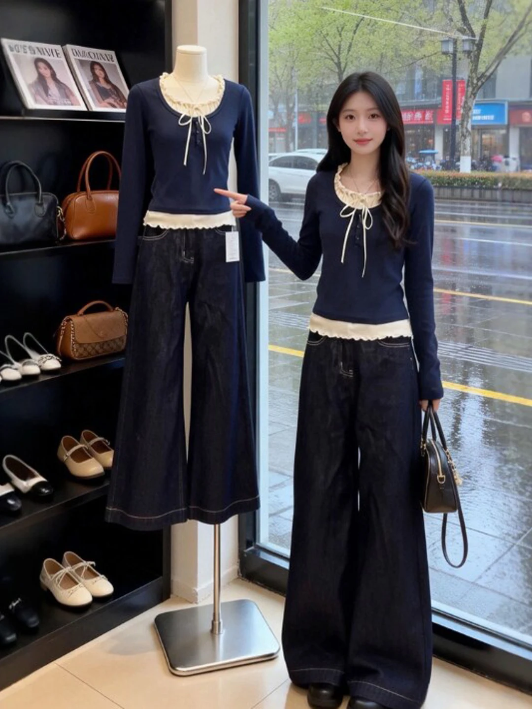 

Retro Gentle Style Long Sleeve Slim Fit T-Shirt Spring New Popular Top Cotton Color U-Neck Short Length T-Shirt