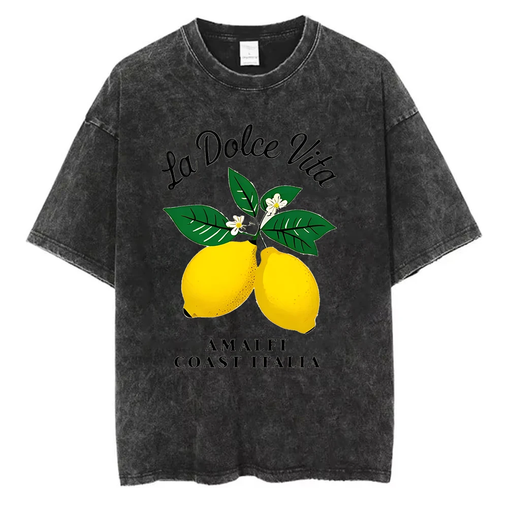 Vintage Washed Cotton T-Shirt Men Lemon Tree Fruit Graphic Tee Acid Wash Retro Streetwear Harajuku Summer Casual Top