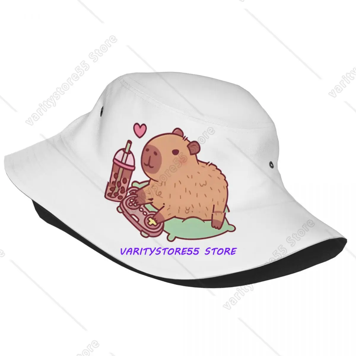 Woman Bucket Hat Cute Capybara Chilling With Video Games And Boba Tea Vocation Getaway Headwear Outdoor Fishing Cap Bob