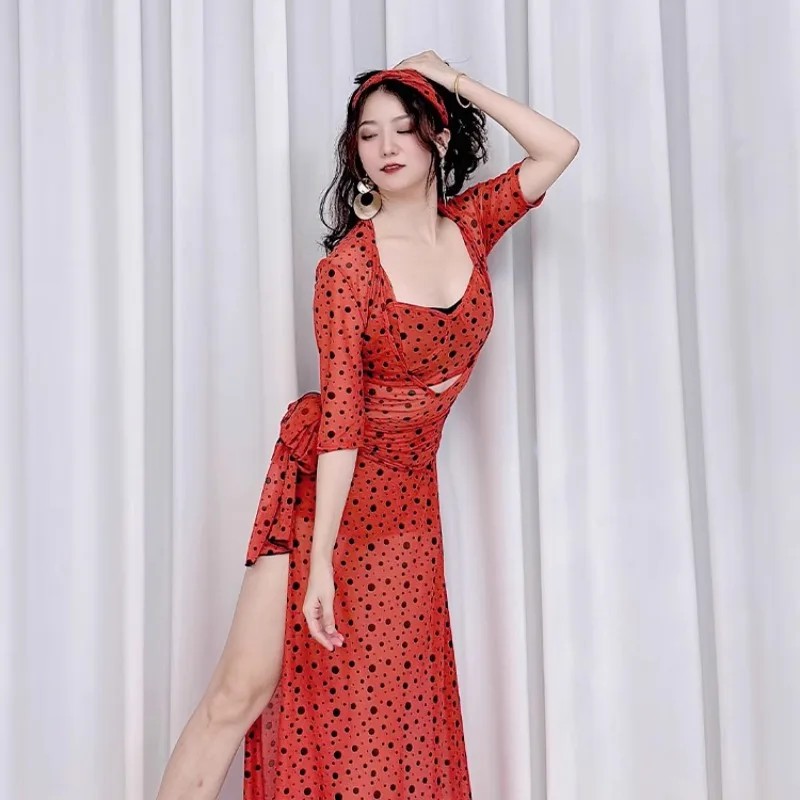 customized belly dance costume practice outfit baladi folk style robe red polka dot five piece set mesh practice plus size 3pcs