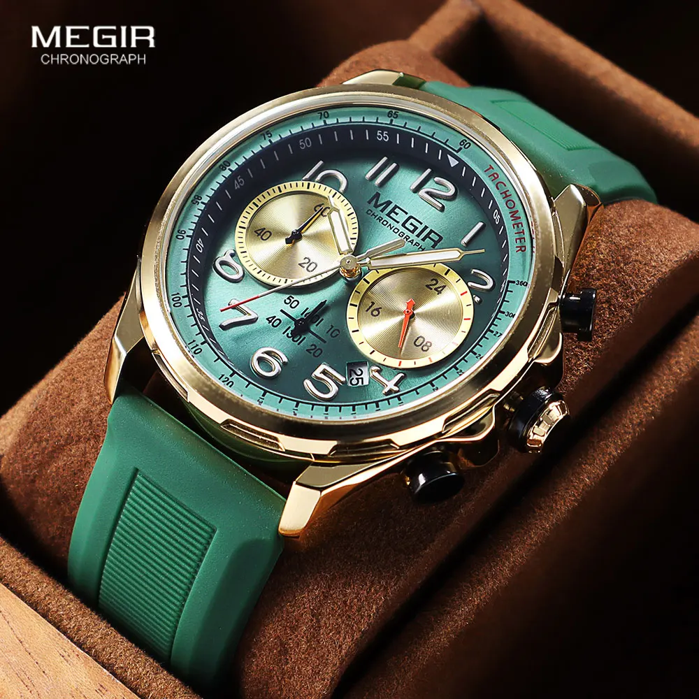 

MEGIR Fashion Sport Quartz Watch for Men Golden Green Silicone Strap Chronograph Waterproof Wristwatch with Date Luminous Hands