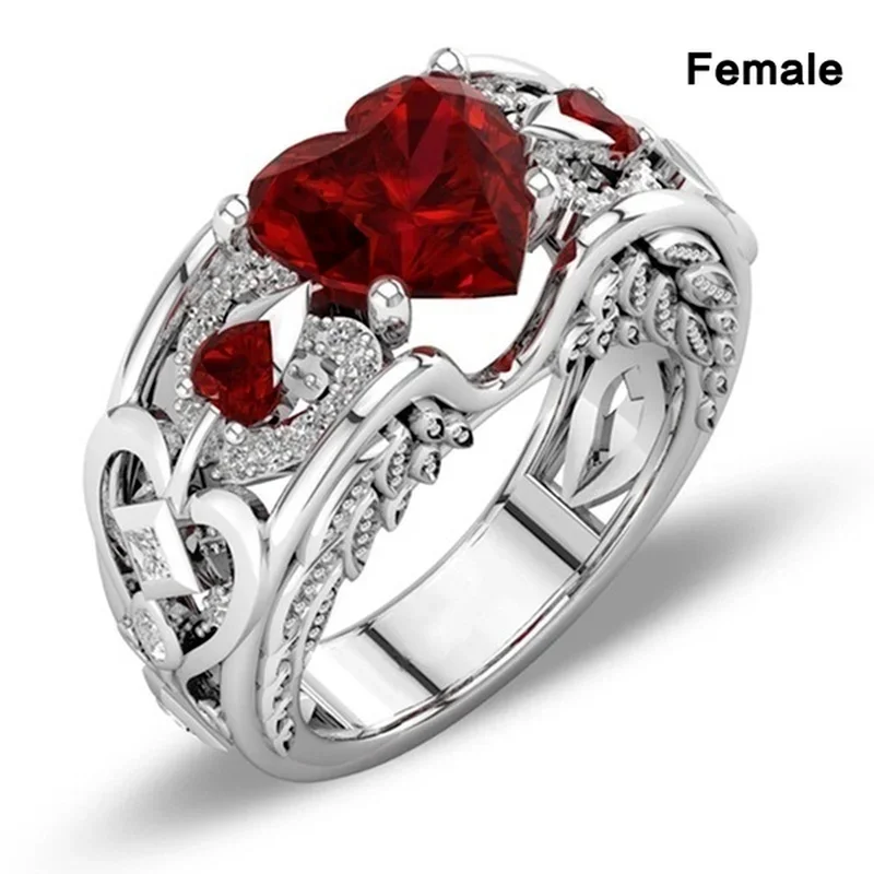 

Trendy Red Blue Heart Love Hollow Carved Zircon Crystal Silver Color Female Ring for Women Party Jewelry Accessories
