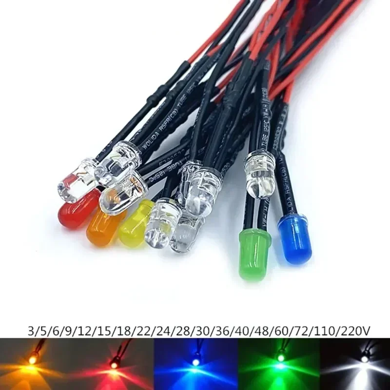 5mm Pre-Wired LED for 3V 5V6V9V 12V 24V 36V 48V 60V 110V 220V Emitting Diodes with Resistance LED Bulb Lights